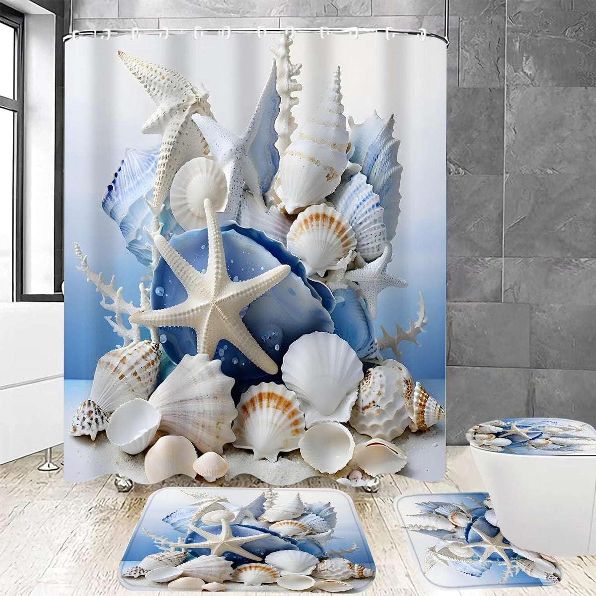 Chrainy 4pcs Blue Conch Shower Curtain Set with Rugs Blue Bath Decor