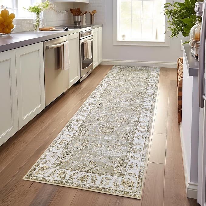 jinchan Fiora Hallway Runner Rug 3x8 Machine Washable Runner Rug Taupe Vintage Floral Design Non-Slip Low Pile Ultra-Thin for Kitchen Laundry Room Bedroom Farmhouse (3‘x8', Taupe)