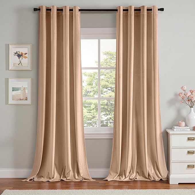 MIULEE Velvet Curtains Blush Beige Elegant Grommet Thermal Insulated Soundproof Room Darkening Curtains/Drapes for Classical Living Room Bedroom Decor 52 x 90 Inch Set of 2