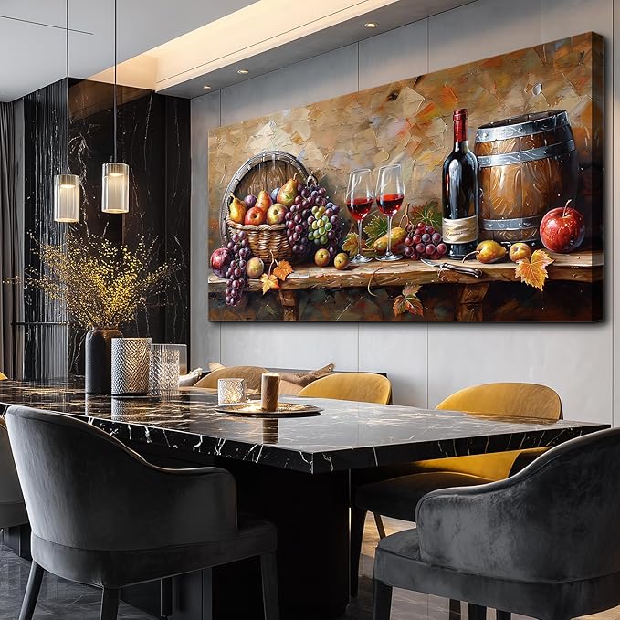 XIGUANGART Red Wine Glass Wall Art Grape Barrel Painting Kitchen Artwork Prints for Dinning Room Bar Large Canvas Wall Decor for Living Room Office Fruit Still Life Picture Modern Home Decoration