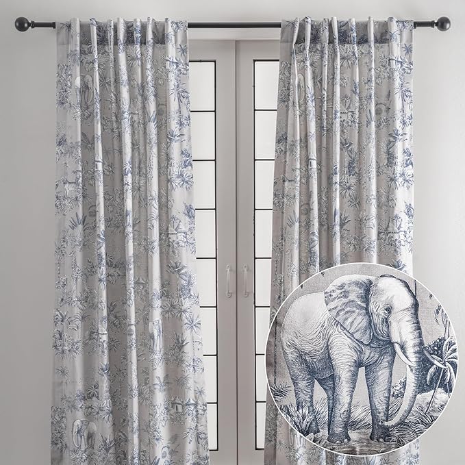 Maison d' Hermine Curtains for Living Room 100% Cotton 96 inch Length Two Panels Light Filtering Toile Curtains for Bedroom Windows with Rod and Loop Pockets Drapes (Savana Jouy Blue, 50" W x 96" L)