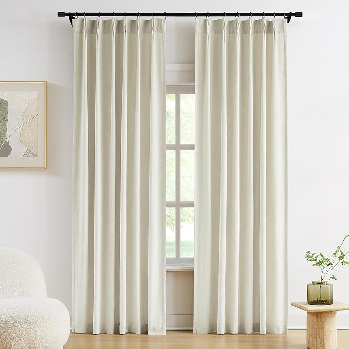 Vision Home Ivory Beige Pinch Pleated Curtains Velvet Chenille Light Filtering Window Curtains 84 inches for Living Room Bedroom Semi-Blackout Pinch Pleat Drapes with Hooks 2 Panels 36" Wx84L,Pearl