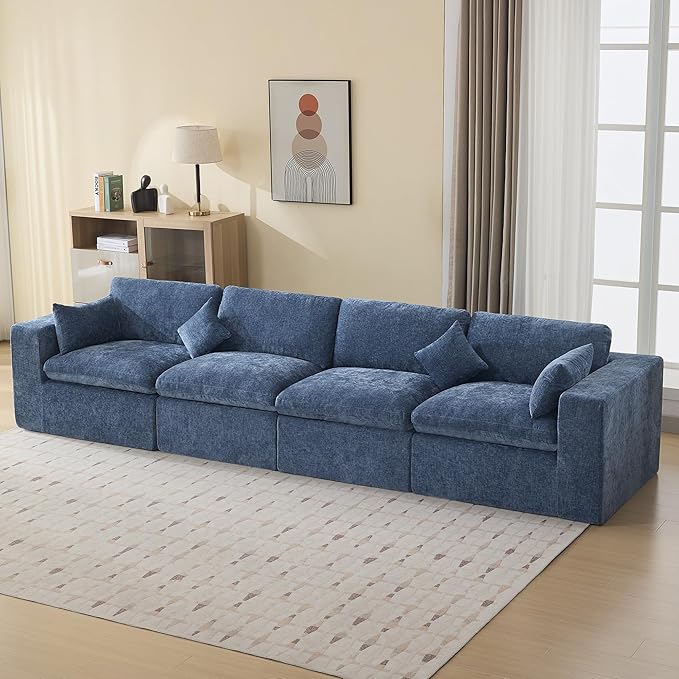 155''Cloud Boneless Sectional Couch, Modular Sectional Sofa Deep Seat, Oversized Upholstered Convertible Comfy 4 Seater Chenille Memory Foam Sofa Couches for Living Room, Blue