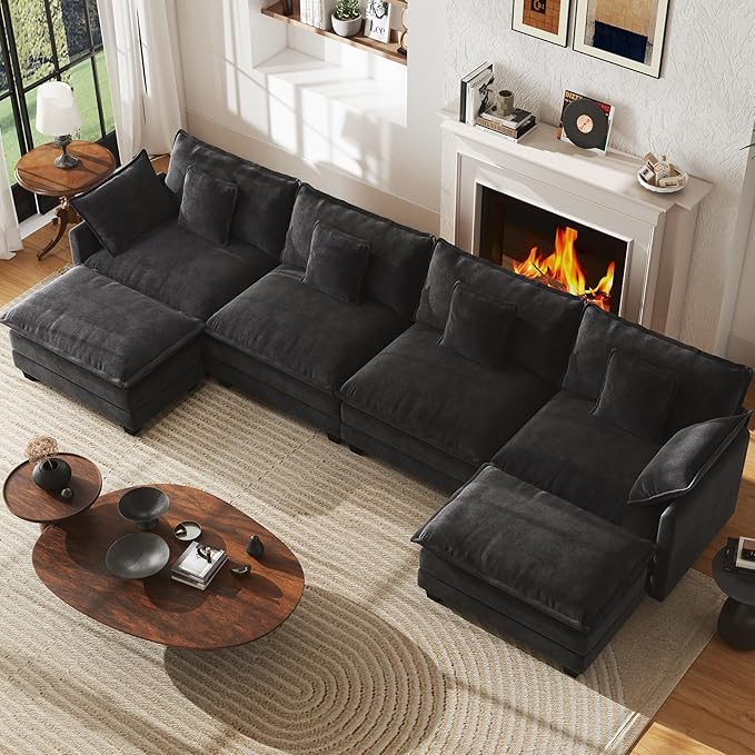 WorthFurni 146” Oversized Modular Sectional Sofa, U Shaped Cloud Couch Set, 4-Seater Comfy Chenille Couches with 2 Movable Ottomans, DIY Combination for Living Room (Black)