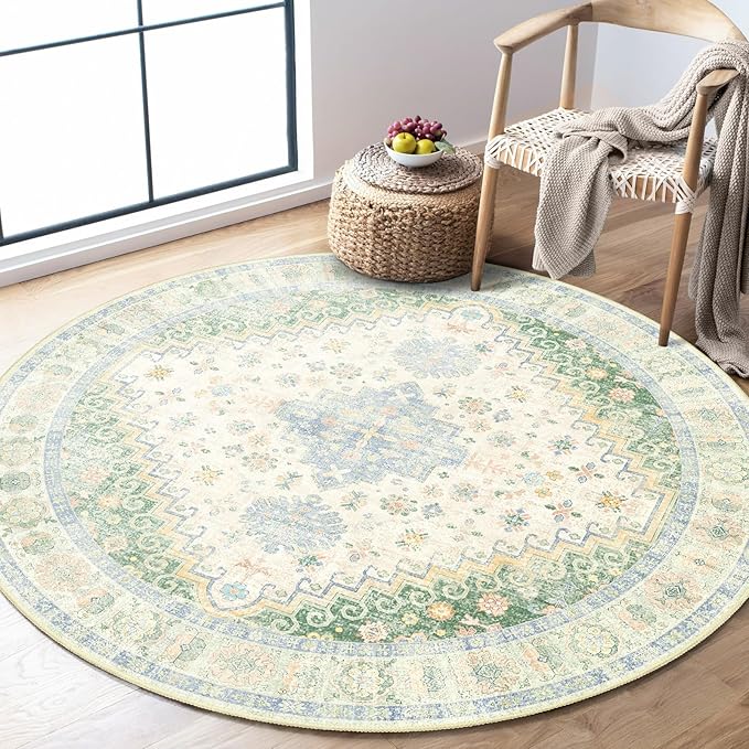 MUJOO Round Rug 4ft,Small Cicle Area Rug Washable,Circular Rugs for Entryway Bedroom Kitchen,Boho Non Slip Throw Carpet Light Green and Blue