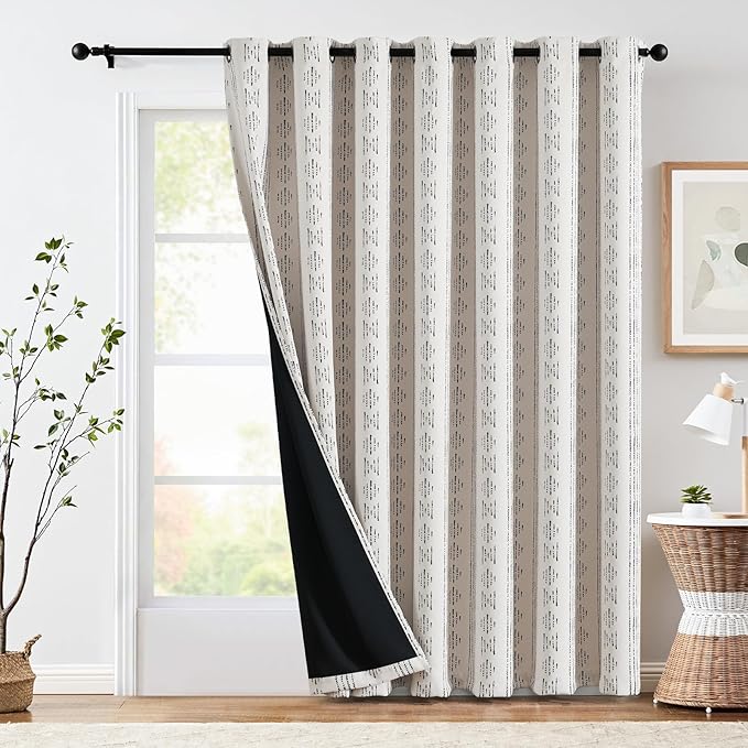 jinchan 95% Blackout Boho Curtain 84 Inches Long for Bedroom 1 Panel Extra Wide Printed Curtain Black on Beige Geometric Grommet Top Thermal Insulated Window Drape
