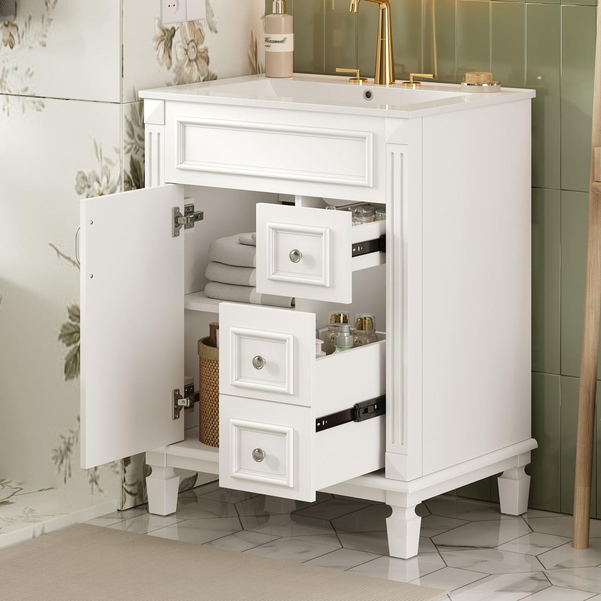 24" Bathroom Vanity with Sink, Modern Bathroom Sink Cabinet with 2 Drawers and Soft-Closing Door, Single Basin Vanity Set with Solid Wood Frame and Metal Handle, Freestanding (White, Right Drawers)
