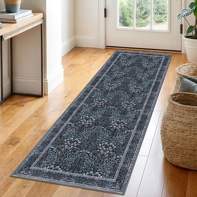 2x6 Washable Runner Rug for Hallways, Navy Blue Black Soft Floor Modern Kitchen Rugs with Non-Slip, Non-Shedding Boho Rug for Bedroom Kitchen Porch Laundry Entryway