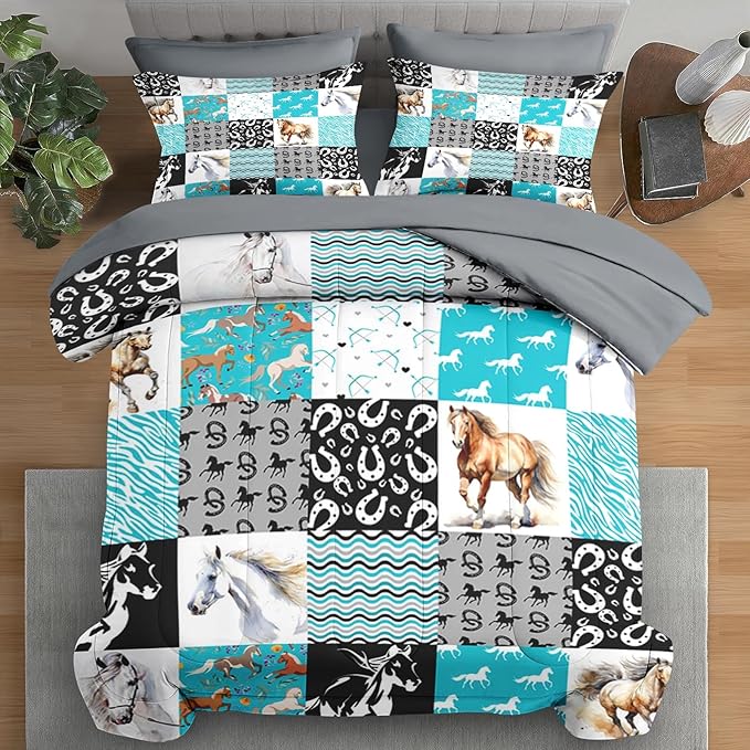 Comforter Set King Size, Brown Horse Painting Bedding for Kids and Adults, White Watercolor Beautiful Bed Sheet Sets with Fitted Sheet 2 Pillowcases & 2 Shams for Bedroom Bed Decor