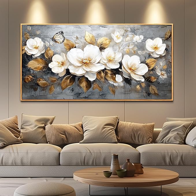 FUHAIHUA Large Wood Framed Wall Decor For Living Room Canvas Wall Art For Office Modern Wall Decorations For Bedroom White Flower Painting Farmhouse Pictures Artwork Room Home Decor 24x48 In