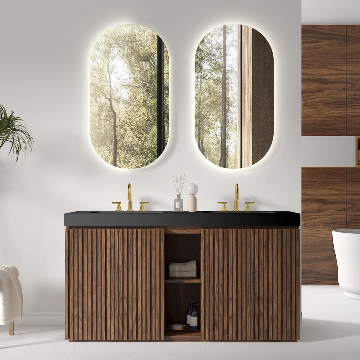 CITTANEO 60 Inch Bathroom Vanity with Double Black Sink, Walnut (3 Holes)