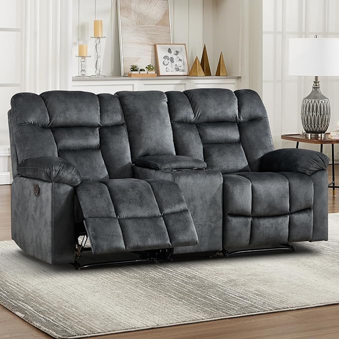CANMOV Manual Recliner Love Seat Sofa, Wall-Hugger 2 Seats Reclining Couches, Upholstered Sofa Set with Armrests, Fabric Loveseat Couch with Soft Cushion for Living Room, Grey
