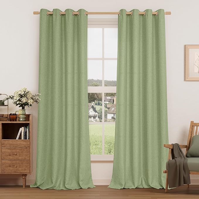 LAMIT Sage Green Linen Textured Curtains for Bedroom, Grommet Thermal Insulated Thick Natural Curtains Noise Reducing Window Treatment Drapes for Living Room/Kitchen, Set of 2 Panels, W52 x L90