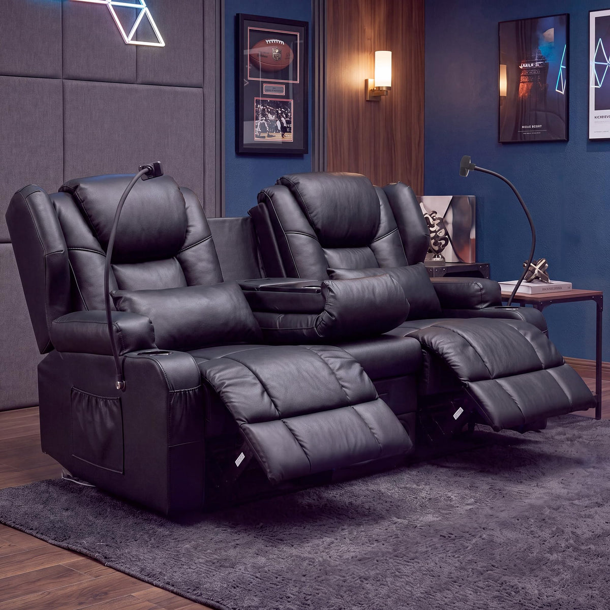 Roomark Loveseat Recliner with Massage and Heat, Wall Hugger Manual Recline Sofa for RV, Home Theater Seating,Living Room,Small Space Apartment, Bluetooth Speakers and Cup Holders Included,Black