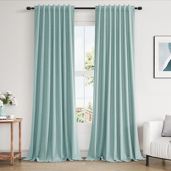 Guken 100% Blackout Linen Curtains 90 Inch Length 2 Panels Set for Living Room Bedroom Back Tab Thermal Insulated Black Out Linen Drapes Room Darkening Window Curtains,Light Blue