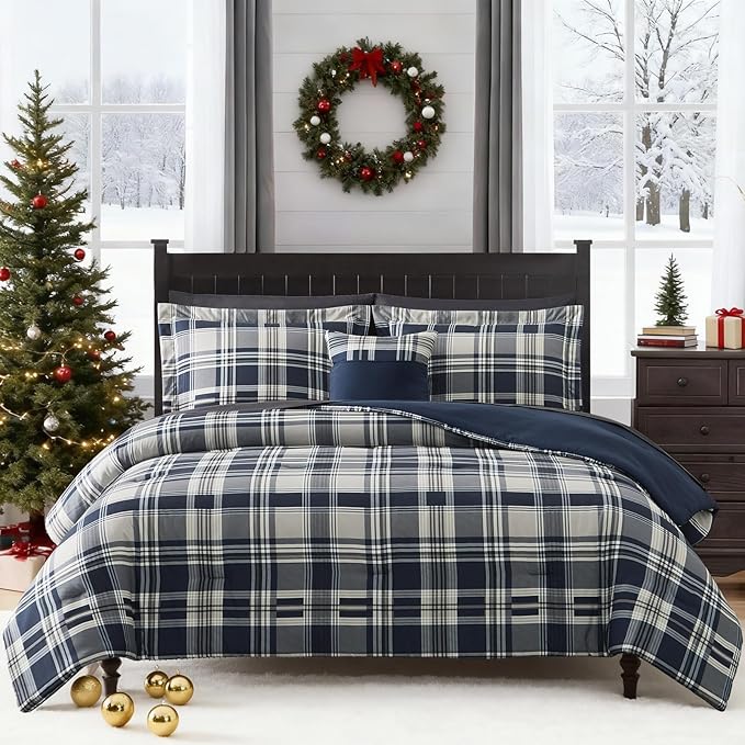 MaiRêve Queen Size Comforter Set Navy Blue, Classic Plaid Farmhouse 7 Pieces Bedding Set, All Season Lightweight Bed in a Bag with Sheets, Pillowcases & Shams