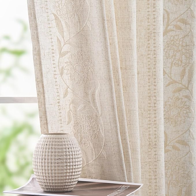 jinchan Winslow Linen Curtains for Bedroom 90 Inches Length Embroidered Bordered Floral Curtains for Living Room Farmhouse Decor Light Filtering Window Treatments Ivory on Beige Drapes 2 Panels