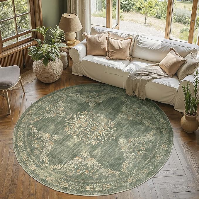 jinchan Round Rug 6ft Area Rugs Vintage Floral Distressed Design Machine Washable Soft Non-Slip Low-Pile Ultra-Thin Christmas Circle Rug for Living Room Dining Room Bedroom (6' Round, Dark Green)