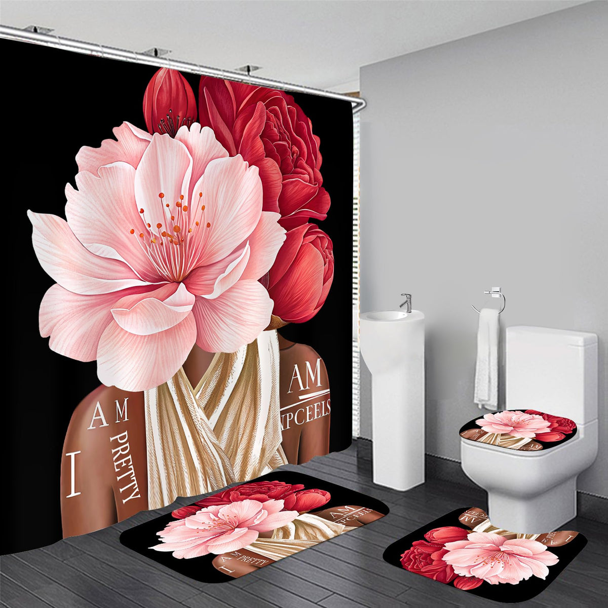 4 Pcs Black Girl Shower Curtain Sets African American Woman Red Rose Floral Quotes Non-Slip Rugs Bath Mat Toilet Cover U Shaped Mat Shower Curtain with 12 Hooks Bathroom Set