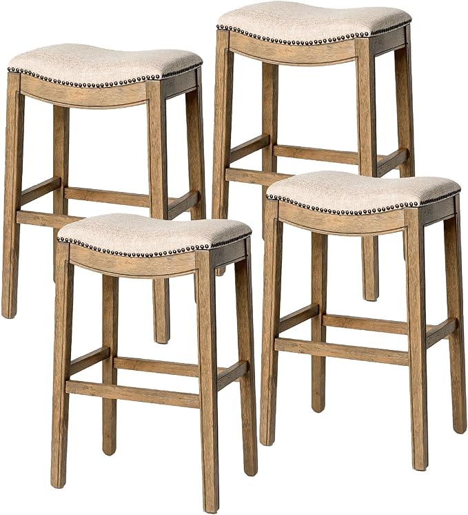 Maven Lane Adrien Backless Bar Stool – Set of 4 – 31 Inch Saddle Seat with Footrest – Natural Solid Wood Frame & Natural Fabric Upholstery – Ideal for Bars, Pub Tables & Tall Kitchen Counters
