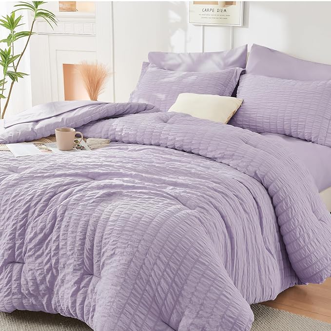 HYMOKEGE Lavender Twin Comforter Set Seersucker 5 Pieces, All Season Luxury Bed in a Bag for Bedroom, Bedding Set with Comforters, Sheets, Pillowcase & Shams