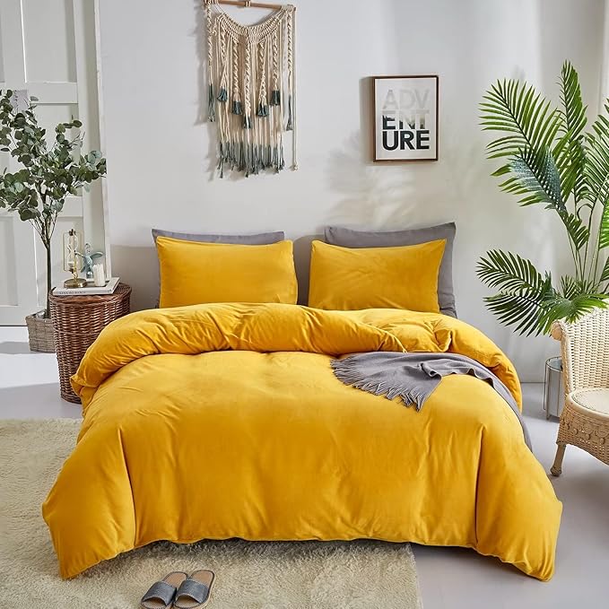 Houseri Yellow Velvet Comforter Full Size, 3 Piece Mustard Yellow Bedding Sets Full Solid Color Fluffy Warm Soft Sherpa Flannel Bed Set Girls Boys Dark Yellow Plush Fuzzy Furry Dorm Quilt Blanket Full