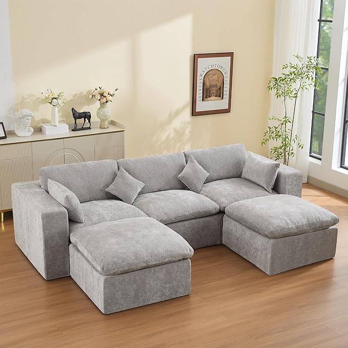 115'' Cloud Boneless Sectional Couch, Modular Sectional Sofa Deep Seat with 2 Ottomans, Oversized Upholstered Convertible Comfy 5 Seater Chenille Sofa U Shape Couches for Living Room, Light Grey