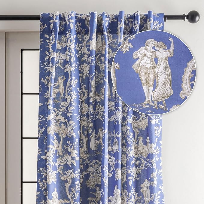 Maison d' Hermine Curtains for Living Room 100% Cotton 84 inch Length One Panel Light Filtering Toile Curtains for Bedroom Windows with Rod and Loop Pockets Drapes (Joli Jouy Blue, 50" W x 84" L)