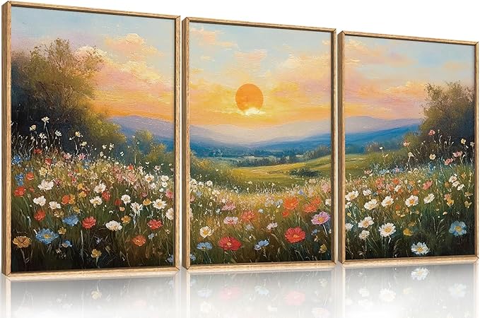 HOURIA Watercolor Sunset Floral Meadow Landscape Framed Canvas Wall Art Set,Boho Vibrant Colorful Wildflower Decor,Modern Nature Inspired Scenery Artwork for Living Room,Bedroom,Farmhouse-16 x24 x3