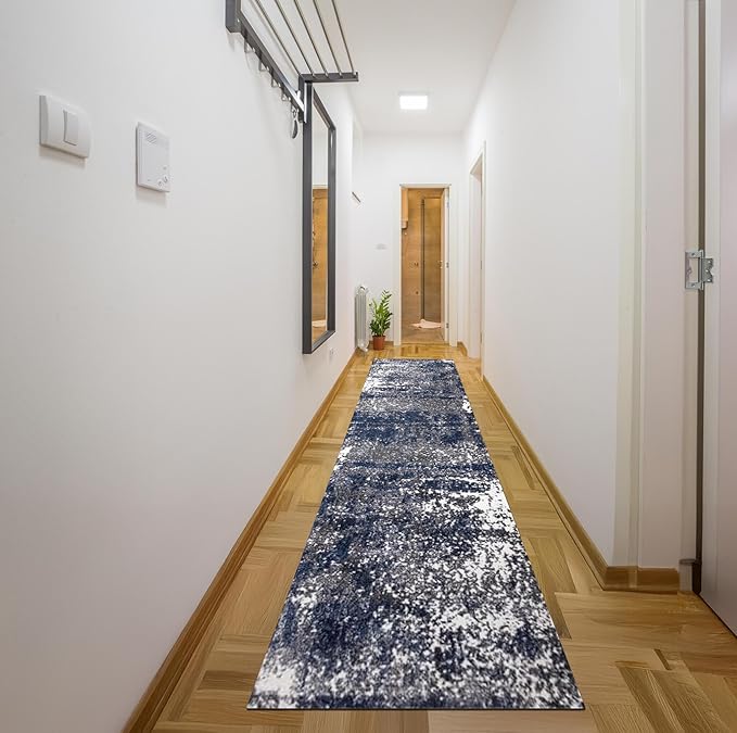 Keen Home Design Area Rugs - 2x14 Non-Shedding, Abstract Rugs for Kitchen, Living Room, Bedroom, Dining Room, Entryway - Size: 2'8" x 14', Navy/Grey/White