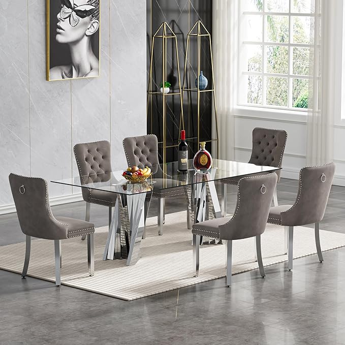 7 Piece Dining Table Set with 6 Grey Dining Chairs, Modern Glass Kitchen Table and Chairs Set for 6, 70" Rectangle Silver Glass Pedestal Dining Room Tables with Flash-Shape Stainless Steel Base