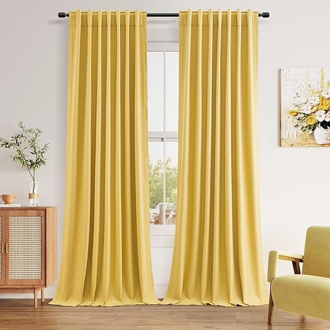 Guken Blackout Curtains 120 Inch Length 2 Panels Set for Living Room Bedroom Back Tab Thermal Insulated 100% Black Out Linen Drapes Room Darkening Window Curtains 120 Inches Long,Gold Yellow