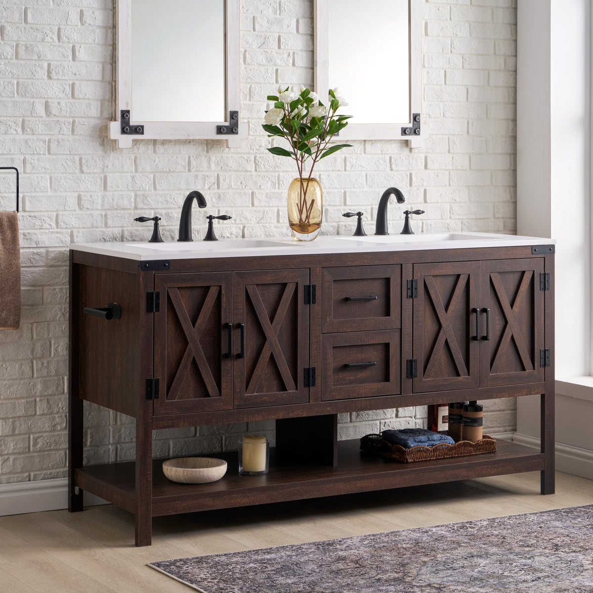 AMERLIFE 60" Brown Farmhouse Double Sink Bathroom Vanity, Solid White Top