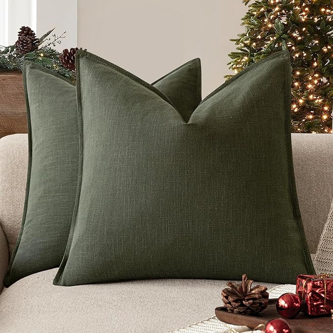 Foindtower Pack of 2, Decorative Linen Solid Throw Pillow Covers Soft Accent Cushion Case Farmhouse Neutral Pillowcase for Chair Couch Sofa Bedroom Living Room Home Decor 22 x 22 Inch Dark Olive Green