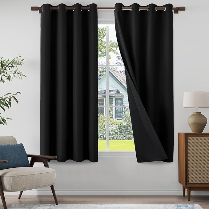 100% Blackout Linen Textured Curtains for Children's Room, Bedroom, Light Weight Curtains with Grommets Top, Full Blackout Curtains Privacy Protection, Black, 52" W x 63" L, 2 Panels