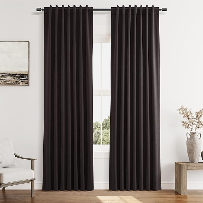 Guken 100% Blackout Curtains 84 Inch Length 2 Panels Set for Living Room Bedroom Back Tab Thermal Insulated Black Out Linen Drapes Room Darkening Cocoa Coffee,52x84