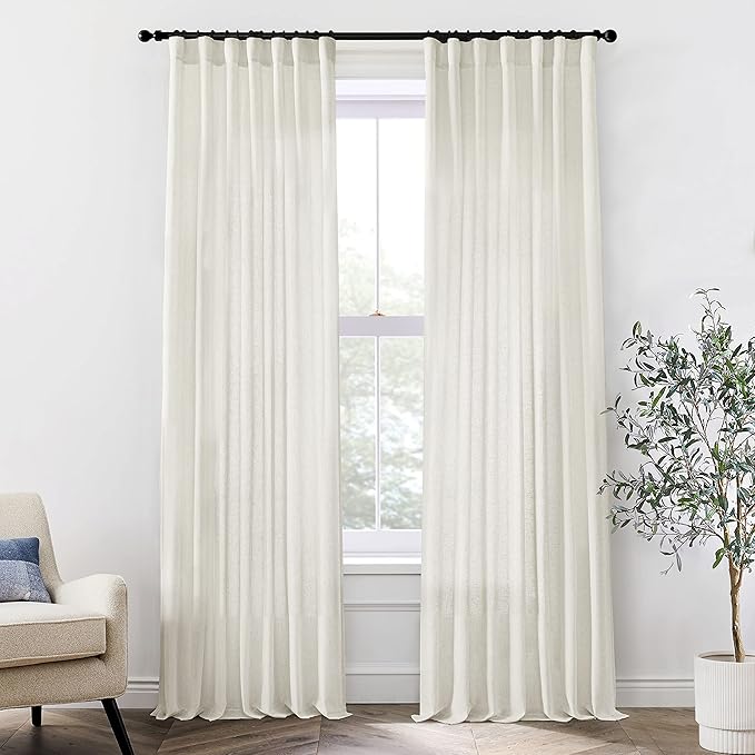XTMYI 108 Inch Linen Curtains, Extra Long Ceiling Curtain for Track System with Hooks, Sheer Light Filitering 9FT 9 FT Curtains for Living Room Bedroom, Set of 2 Panel, Cream