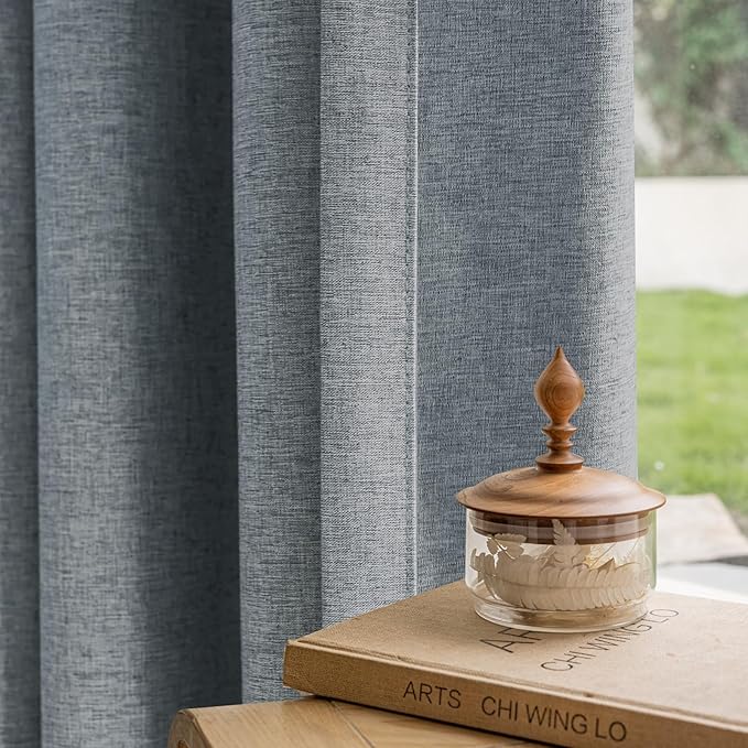Textured Linen Double Pleats 100% Blackout Curtains for Bedroom/Living Room Blackout Curtains 108 Inches Long, Energy Saving Window Treatment Curtains,100Wx108Lx2,Grey Blue