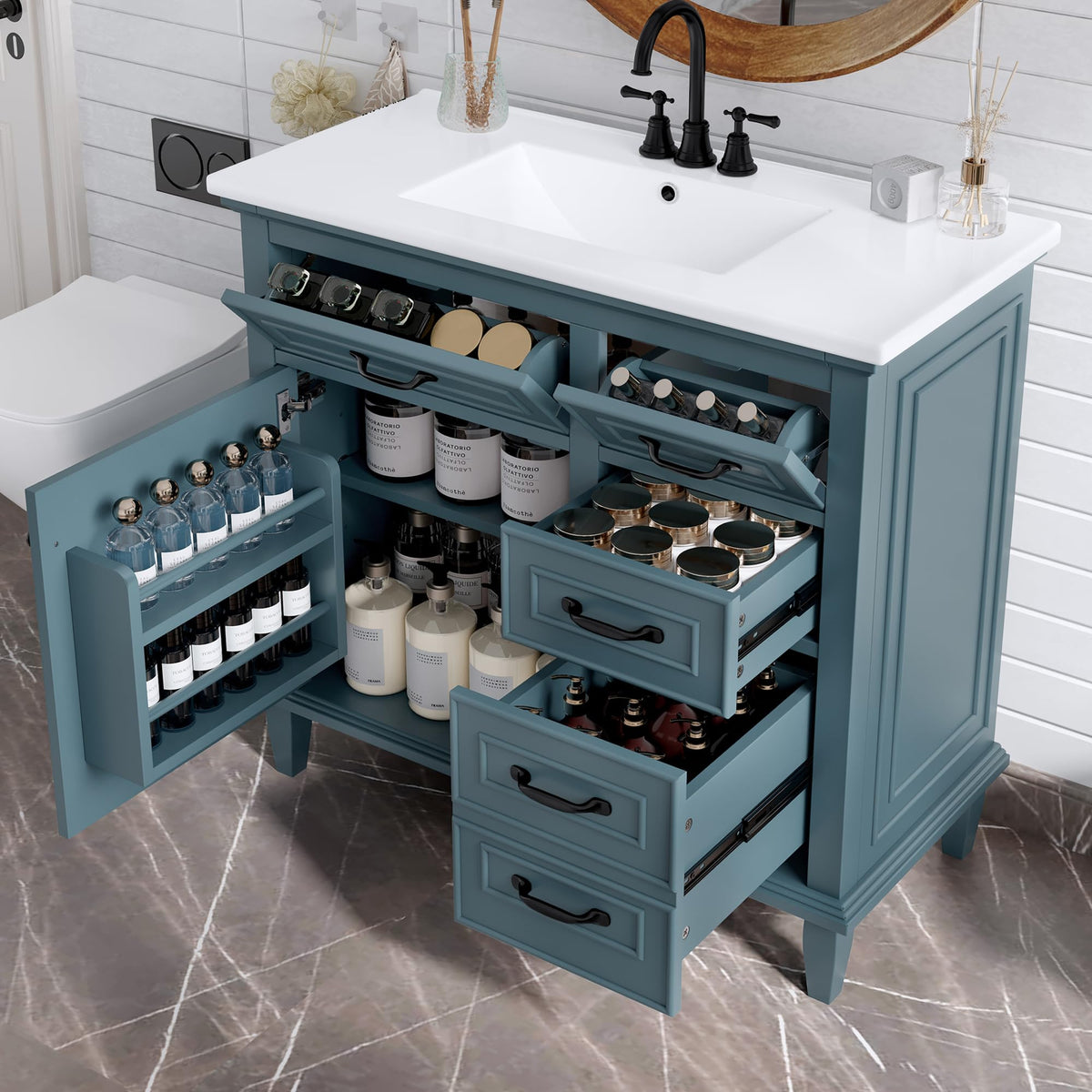 Favfurish 36" Bathroom Vanity with Ceramic Sink Top, Soft-Close Door & Flip Drawers, Freestanding Storage Cabinet W/Adjustable Shelf, Solid Wood Frame for Bathrooms, Powder Room, Guest Bath,Blue