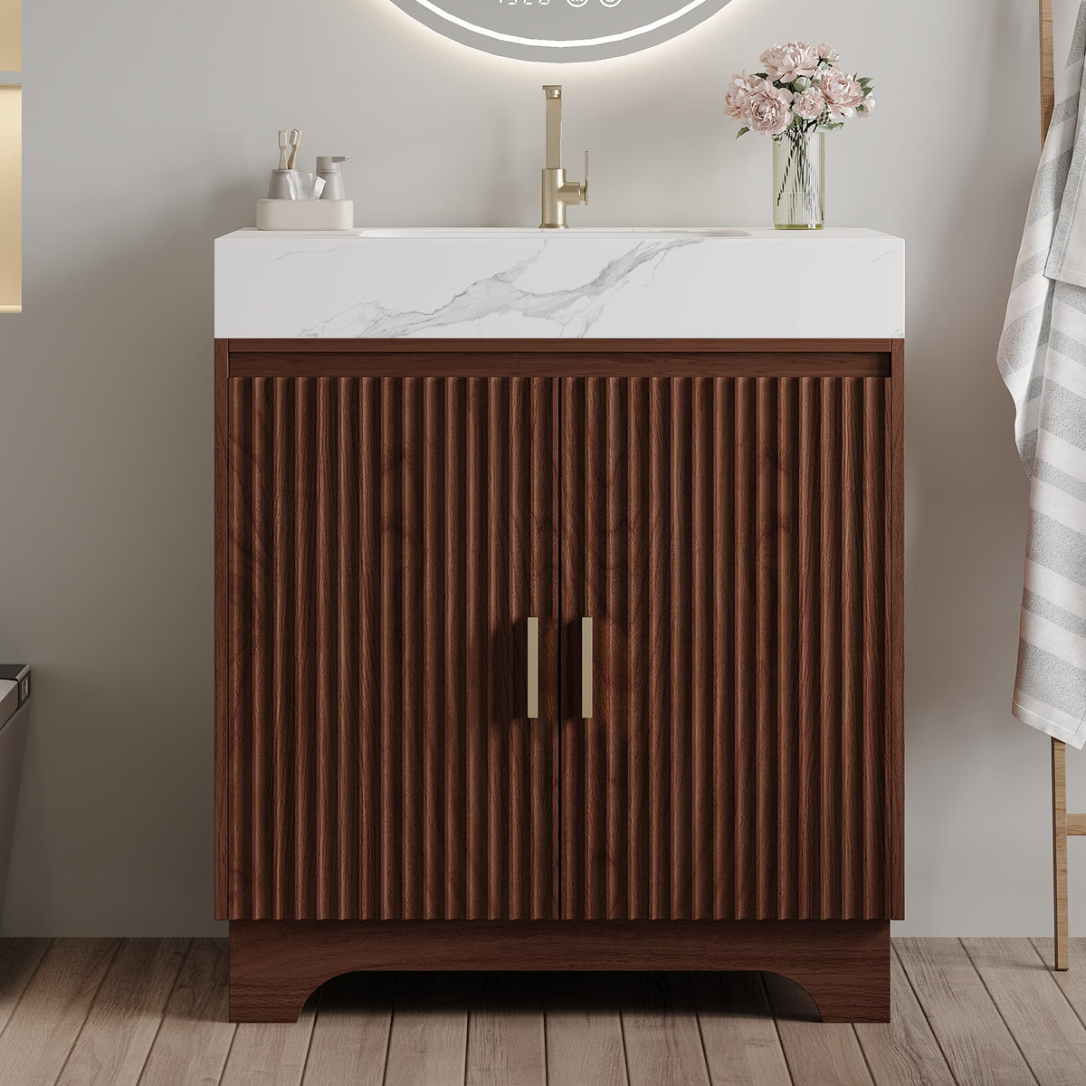 30 Inch Bathroom Vanity with Sintered Stone Countertop and Ceramic Sink, Walnut Bathroom Storage Cabinet with 2 Soft-Close Doors,Solid Wood Legs and Metal Handles, Freestanding Bath Storage Cabinet