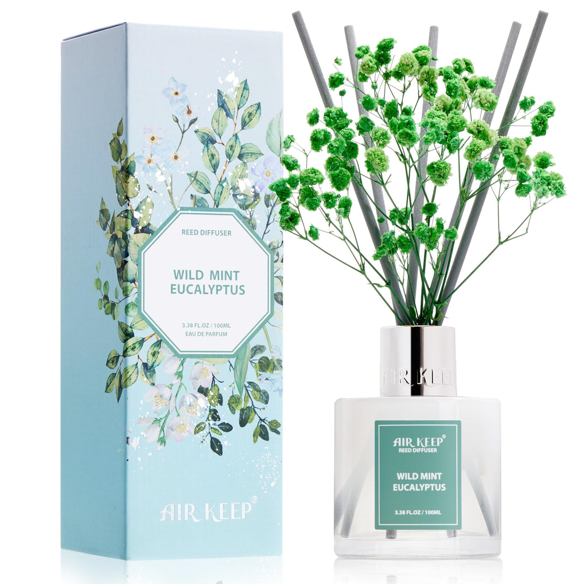 Airkeep Reed Diffuser Set,3.38 fl oz (100 ml) - Wild Mint&Eucalyptus Oil Diffusers with 8 Reed Sticks, Home Fragrance Reed Diffuser for Bathroom Shelf Decor