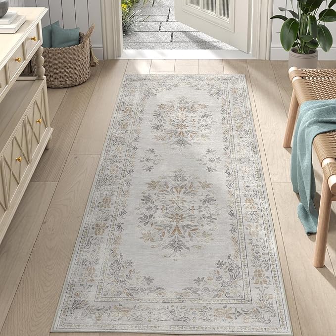 jinchan Vintage Floral Runner Rug 2x6 - Machine Washable Distressed Design Non-Slip Low-Pile Soft Thin Carpet for Hallway Kitchen Farmhouse Bedroom Entryway Laundry Room (2x6ft, Light Grey)