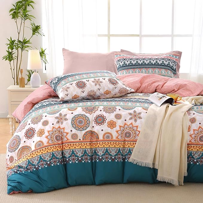 MUXHOMO Full Comforter Set, Bohemian Elegant Floral Print Bed in a Bag 7 Pieces, Ultra Soft & Breathable Reversible Botanical Pattern Bedding Set with Comforter, Sheets, Pillowcases, and Shams