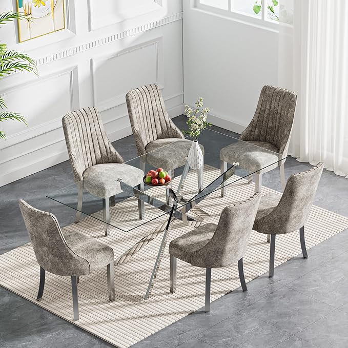 Rectangle Glass Dining Table Set for 6, 52'' Kitchen Table and Chairs Set, 7PCS Modern Dining Room Table Set with 6 Dining Chair for Home