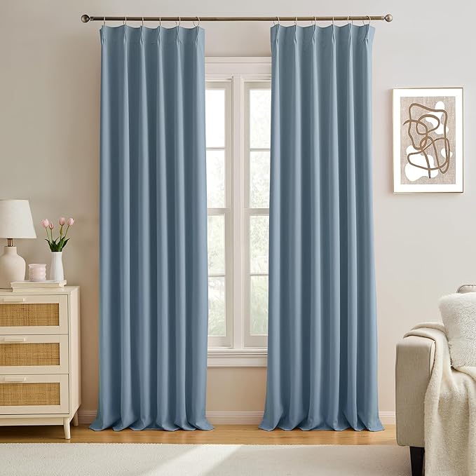 KEQIAOSUOCAI Dusty Blue Pinch Pleated Curtains 126 Inches Long Room Darkening Draperies Luxury Decor for Living Room Nursery (Stone Slate Blue 40x126 Inch 2 Panels)