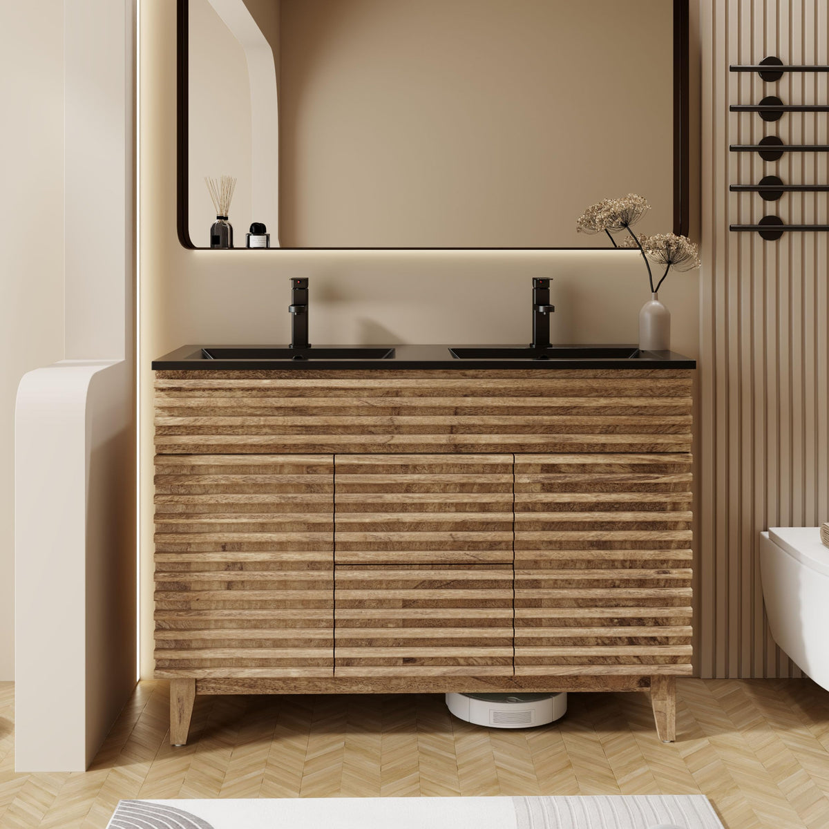 eclife 48" Bathroom Vanity with Sink Combo, Mid-Century Freestanding Cabinet with Wood Stripes Decor, Adjustable Shelf, Undermount Black Dual Sink Faucet Drain, Light Walnut