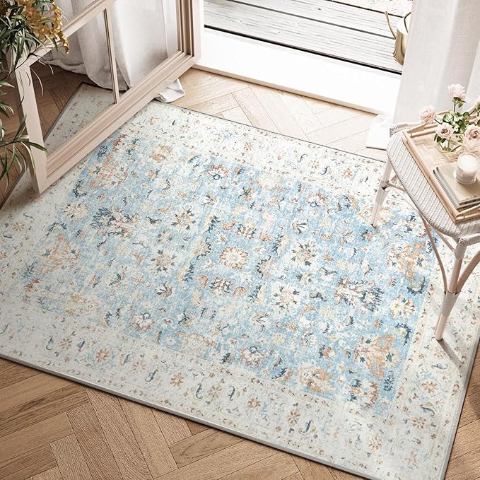 jinchan Area Rug 2x3 Entryway Rug - Washable Vintage Floral Doormat Small Door Mat Indoor Boho Lightweight Thin Non-Slip Retro Distressed Carpet for Doorway Kitchen Bathroom Bedroom Light Blue