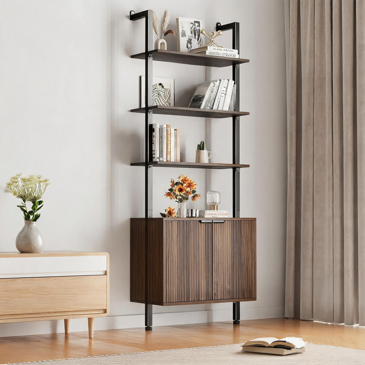 INNOD 74" Tall Bookshelf with Storage Cabinet, Modern Ladder Shelf with Wood and Metal Frame, Wall Mount Bookcase Open Display Shelf Furniture for Living Room, Bedroom, Home Office, Walnut