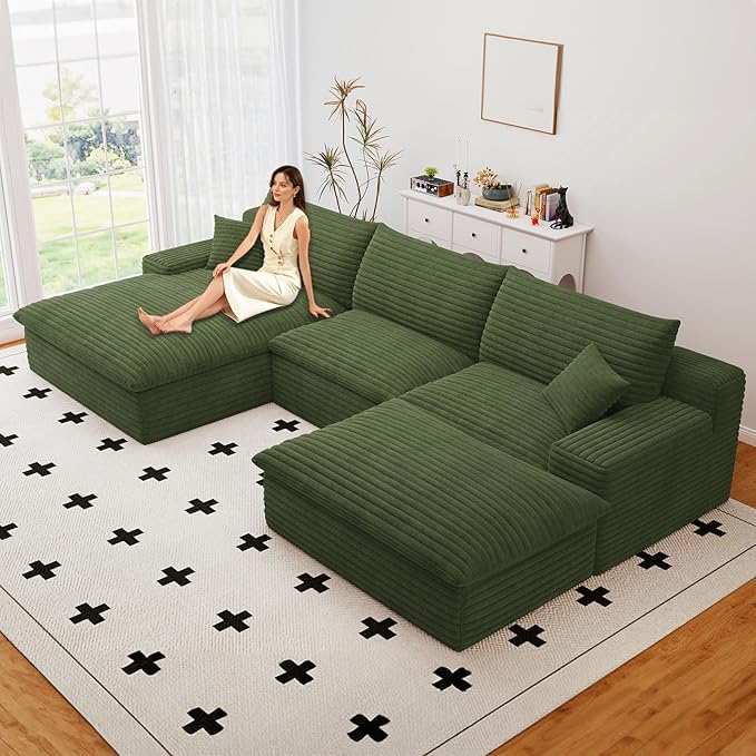 107" Cloud Couch Modular Sectional Sofa for Living Room, U-Shape Boneless Couch with Deep Seat, Modern Corduroy 3-Seater with Ottoman, No Assembly Required (Green,Left-Facing Chaise)