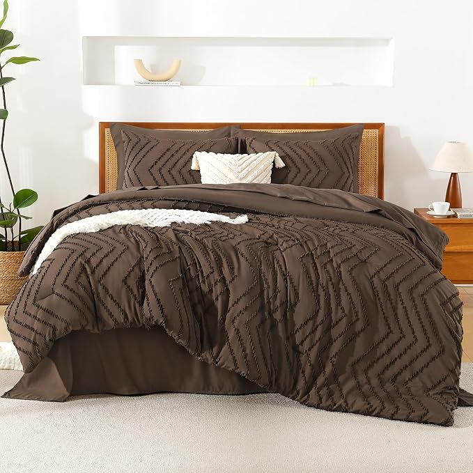 Litanika Super King Plus Size Comforter Set with Sheets Brown - 7 Pieces Bed in a Bag Oversized King Boho Tufted Complete Bedding Sets with Comforter, Sheets, Pillowcases & Shams